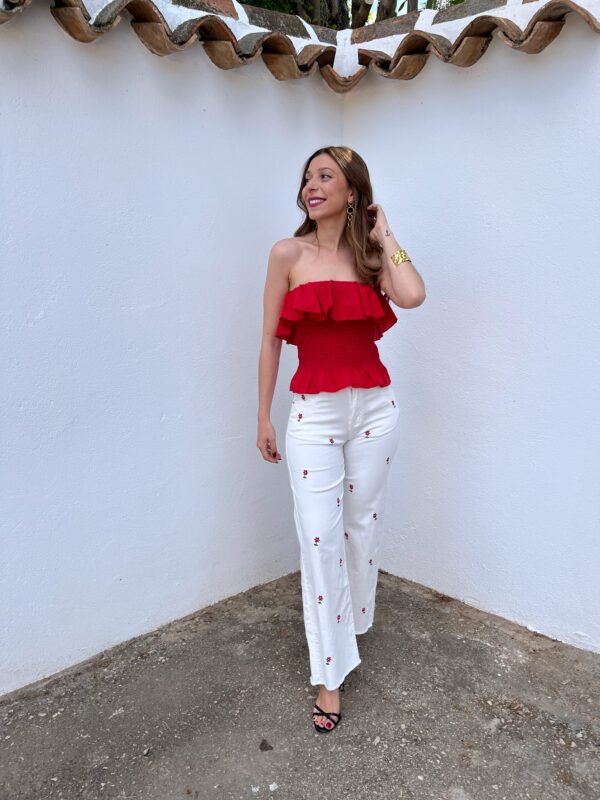 Pantalón Blanco Bordado Flores - Imagen 4