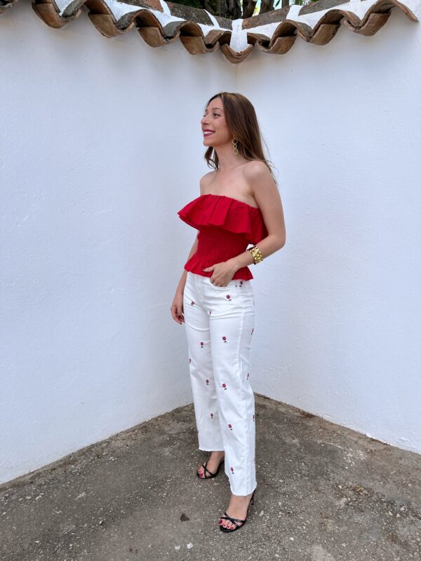 Pantalón Blanco Bordado Flores - Imagen 2