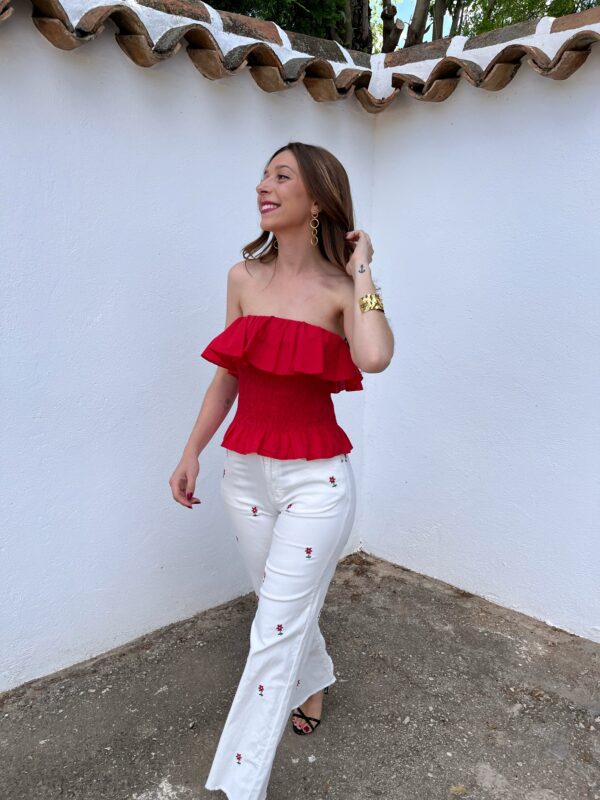 Pantalón Blanco Bordado Flores - Imagen 3