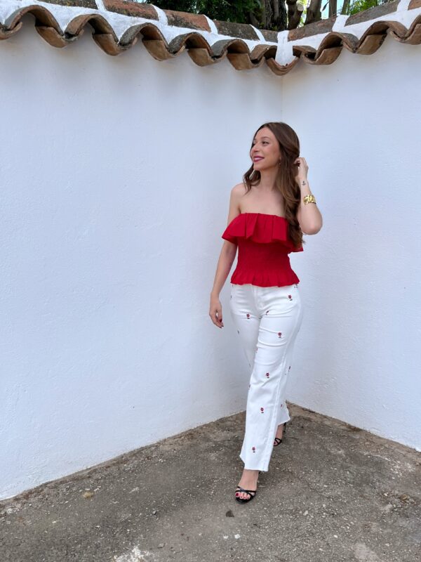 Pantalón Blanco Bordado Flores - Imagen 5