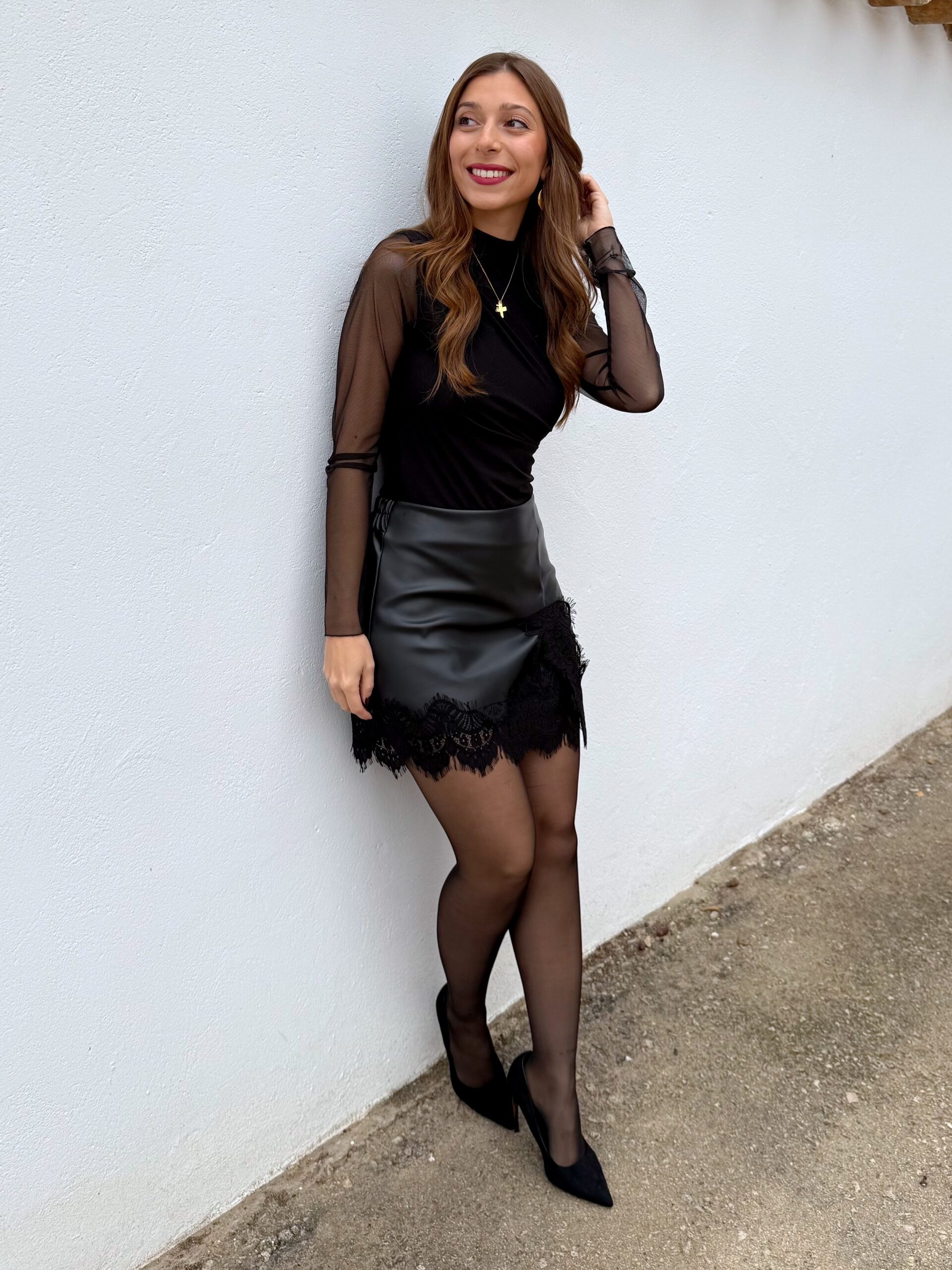 Falda/Pantalón Polipiel Encaje Negra - Imagen 4