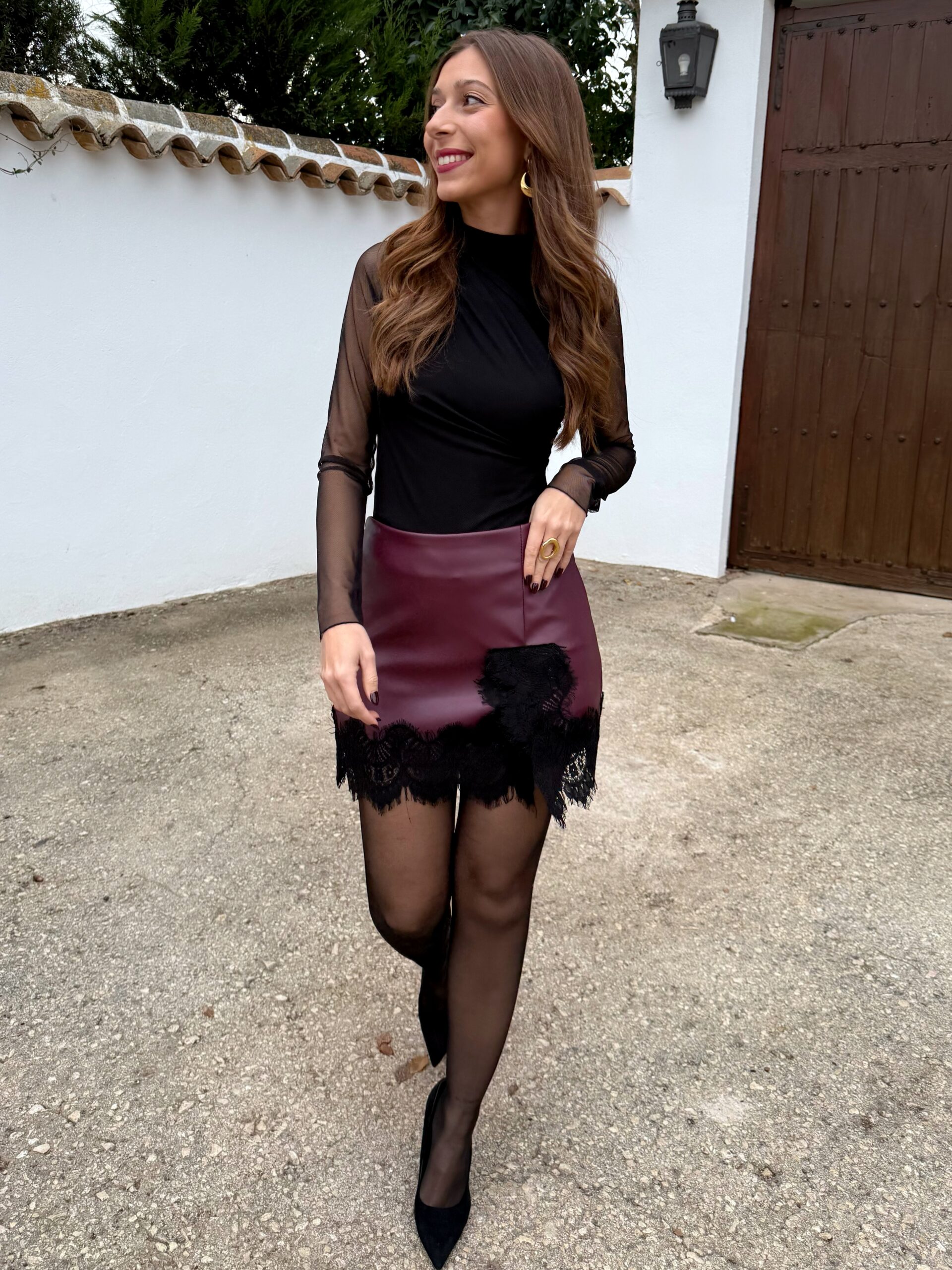 Falda/Pantalón Polipiel Encaje Burdeos - Imagen 6