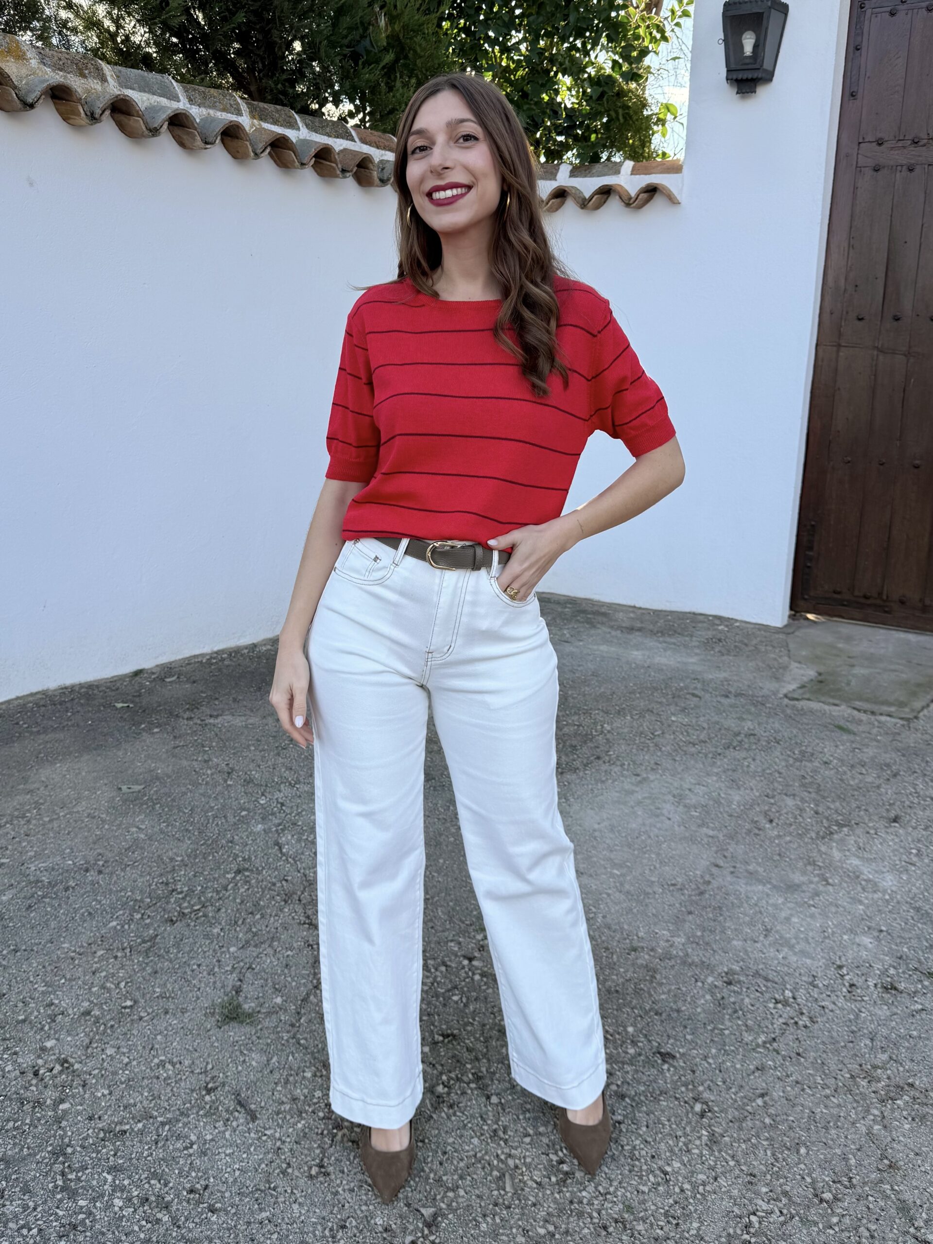 Pantalón Blanco Pespuntes Camel - Imagen 5