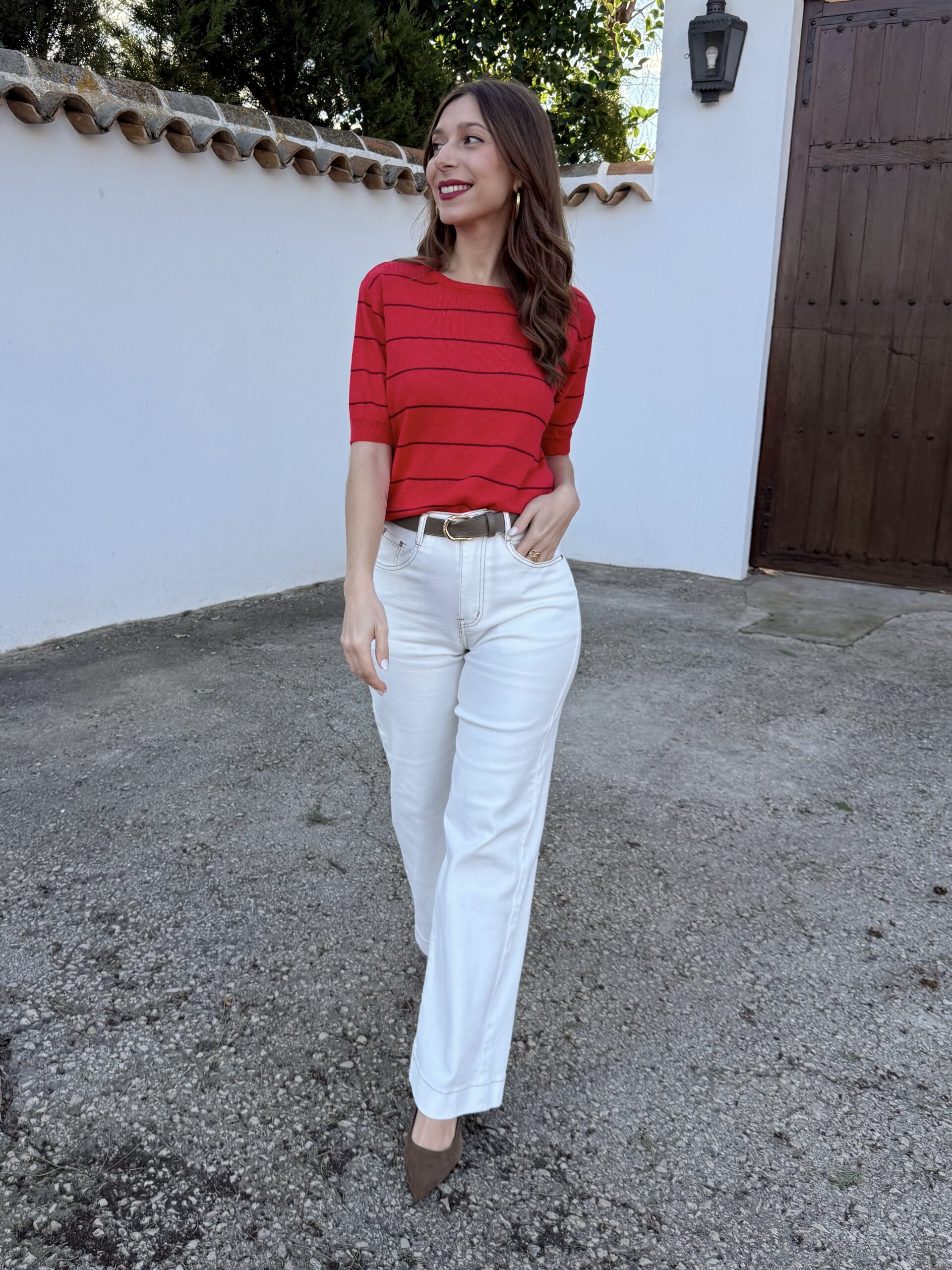 Pantalón Blanco Pespuntes Camel - Imagen 4