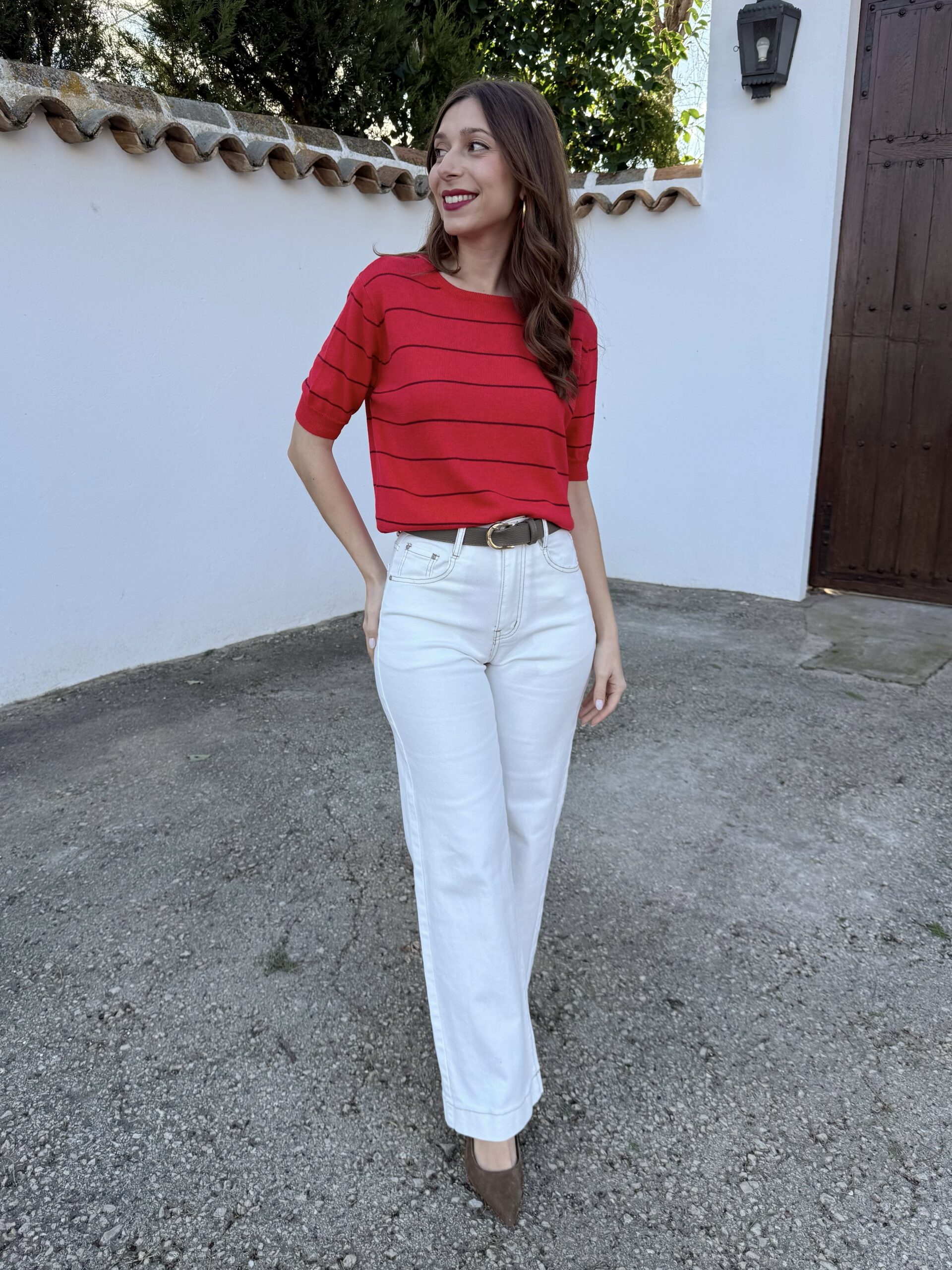 Pantalón Blanco Pespuntes Camel - Imagen 6