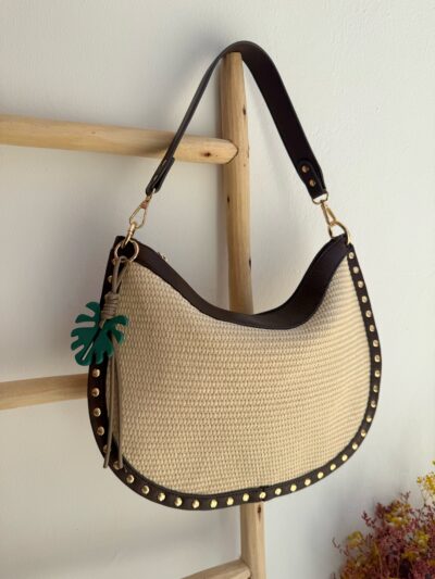 Bolso Tachas Rafia Choco
