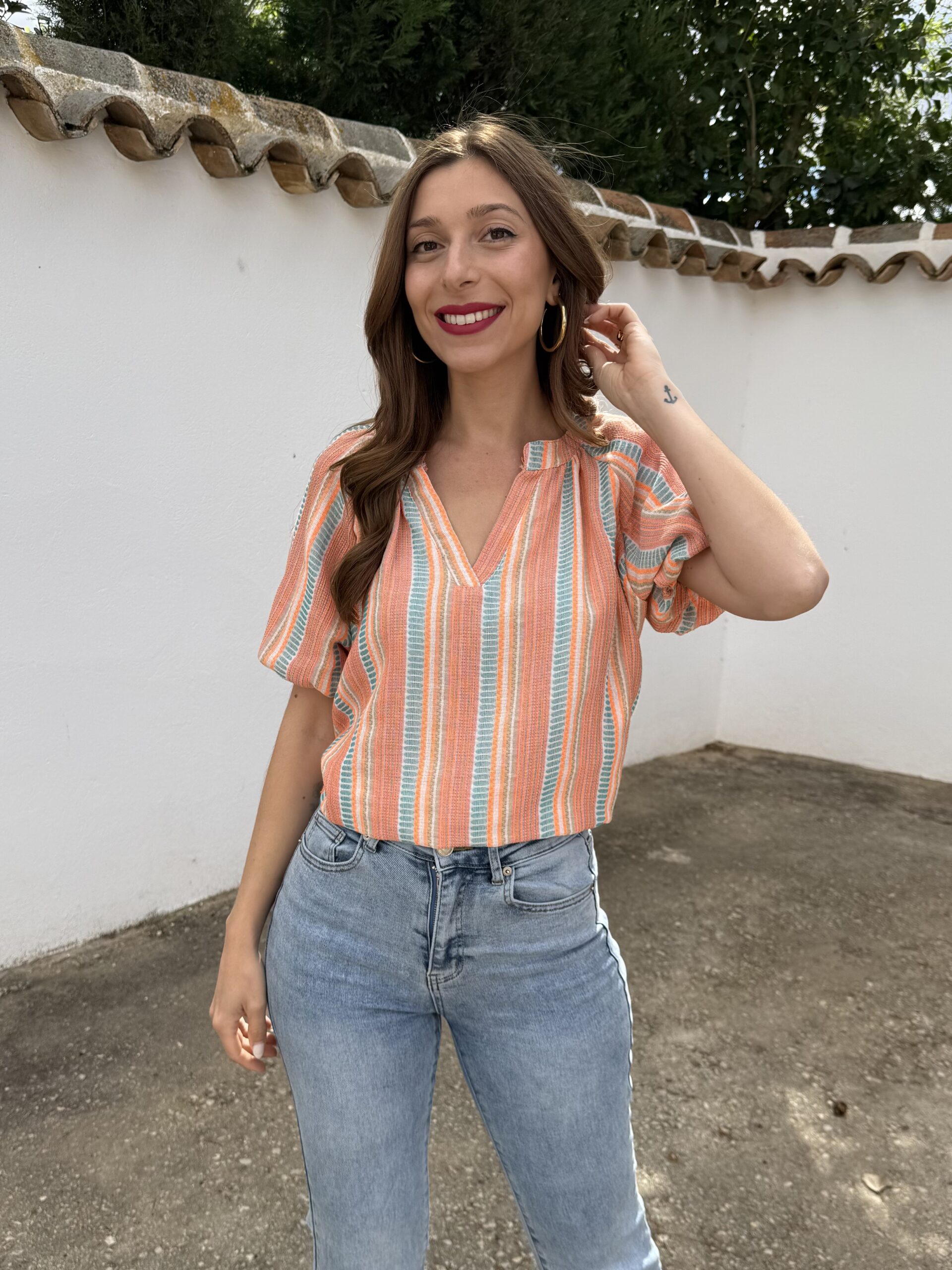 Blusa Étnica Flúor Naranja/Turquesa - Imagen 5