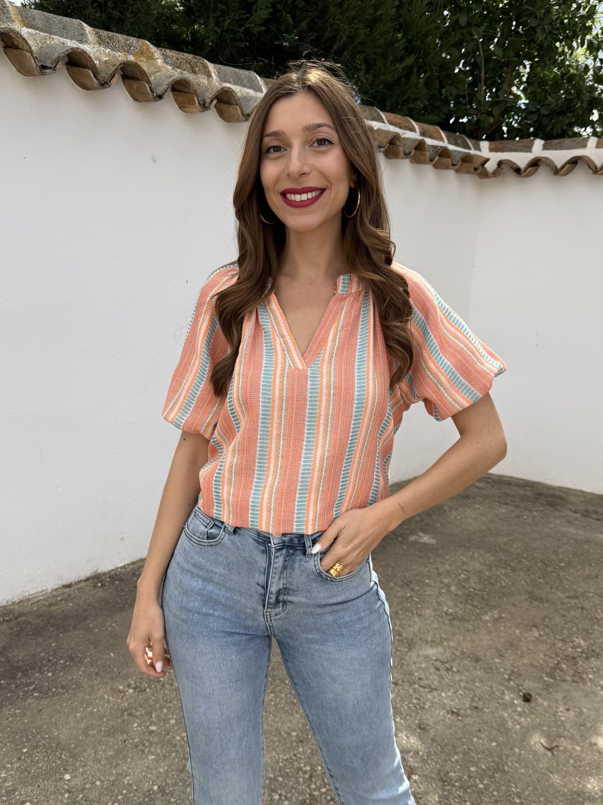 Blusa Étnica Flúor Naranja/Turquesa - Imagen 3