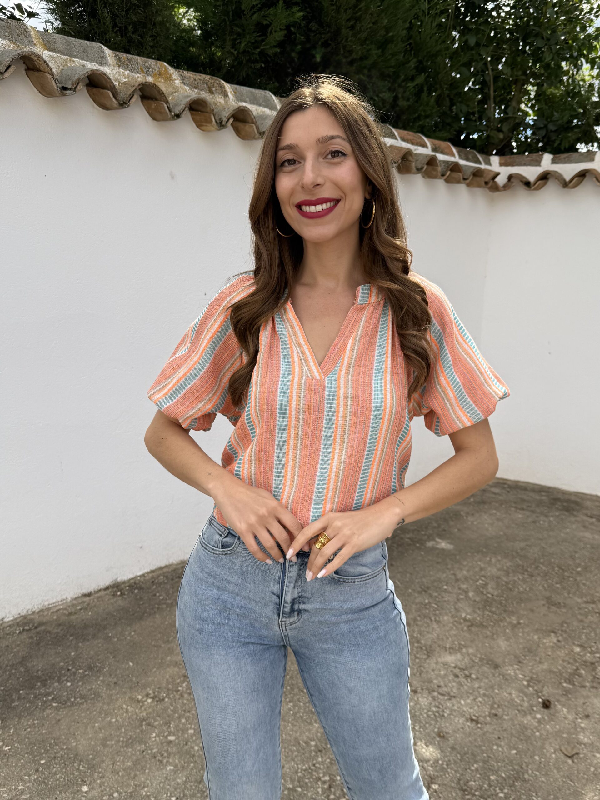 Blusa Étnica Flúor Naranja/Turquesa - Imagen 2
