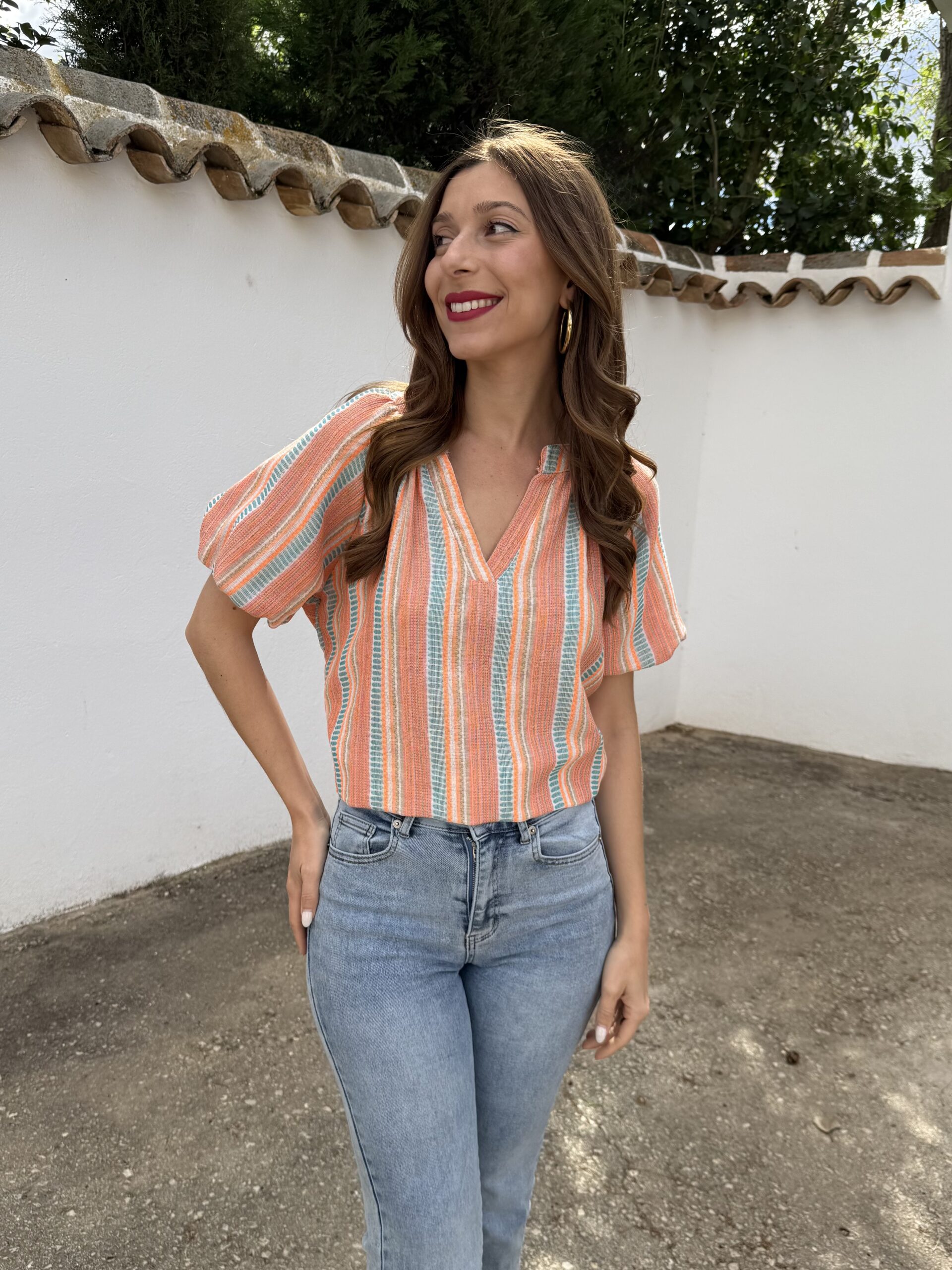 Blusa Étnica Flúor Naranja/Turquesa - Imagen 4