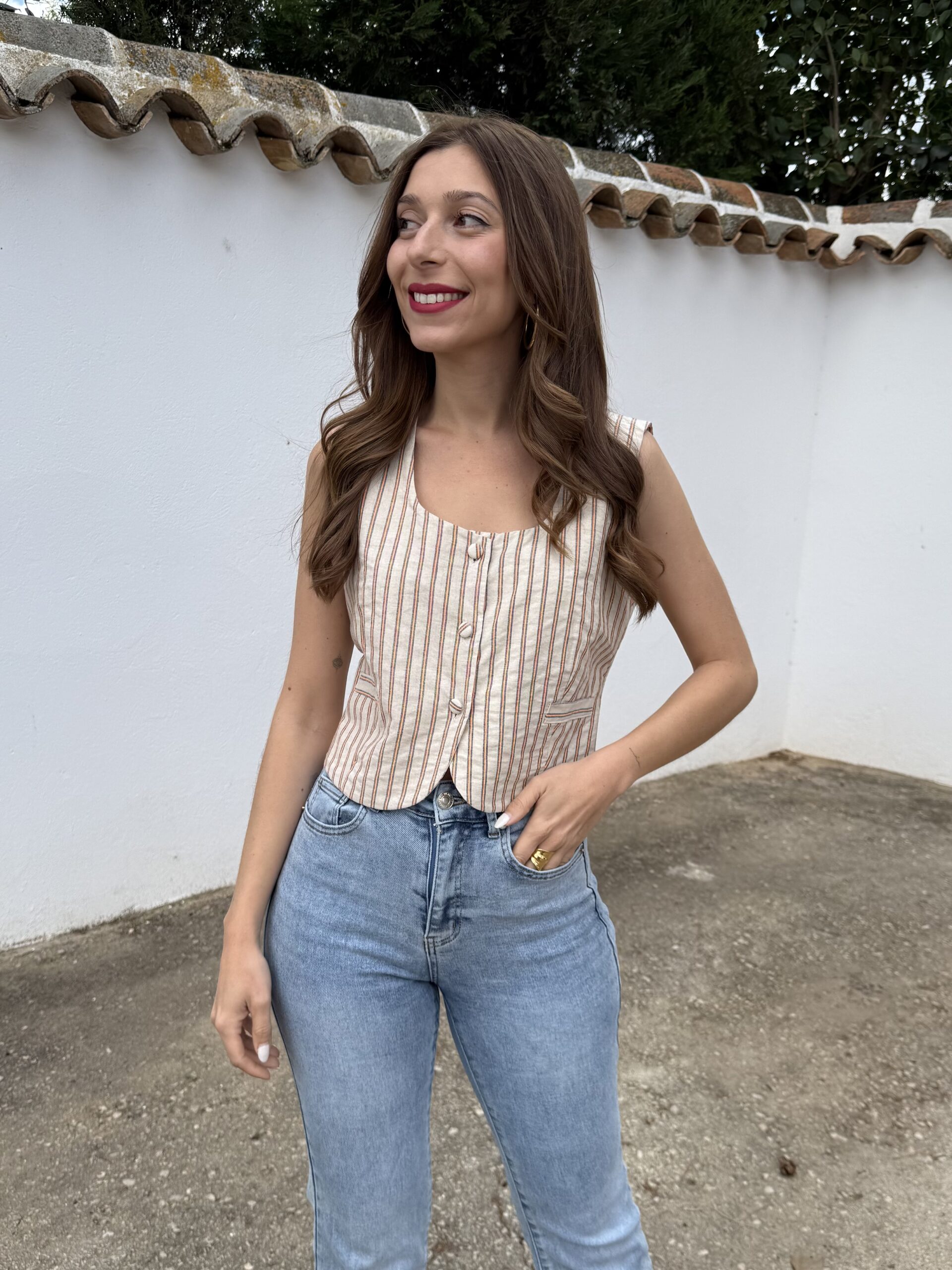 Chaleco Rayas Lino Beige - Imagen 3