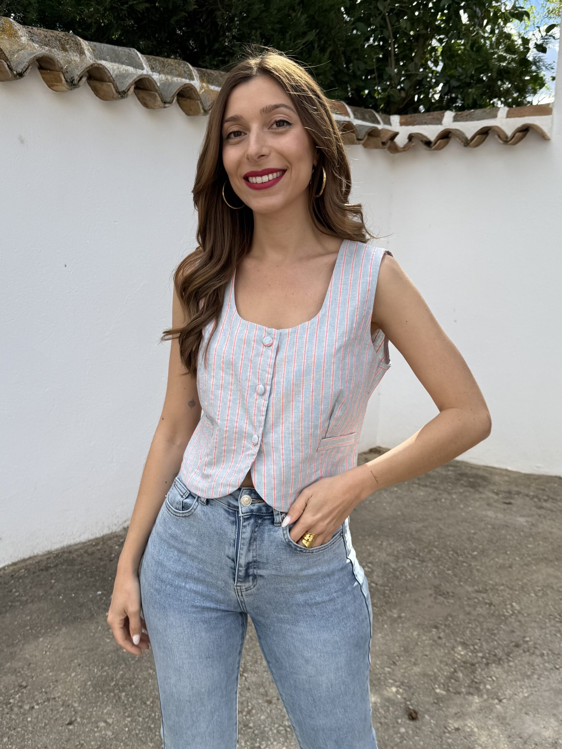 Chaleco Rayas Lino Azul - Imagen 2