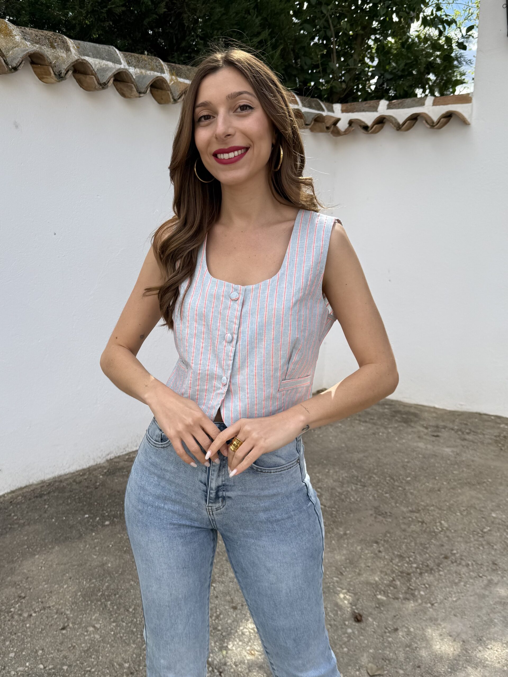 Chaleco Rayas Lino Azul - Imagen 5