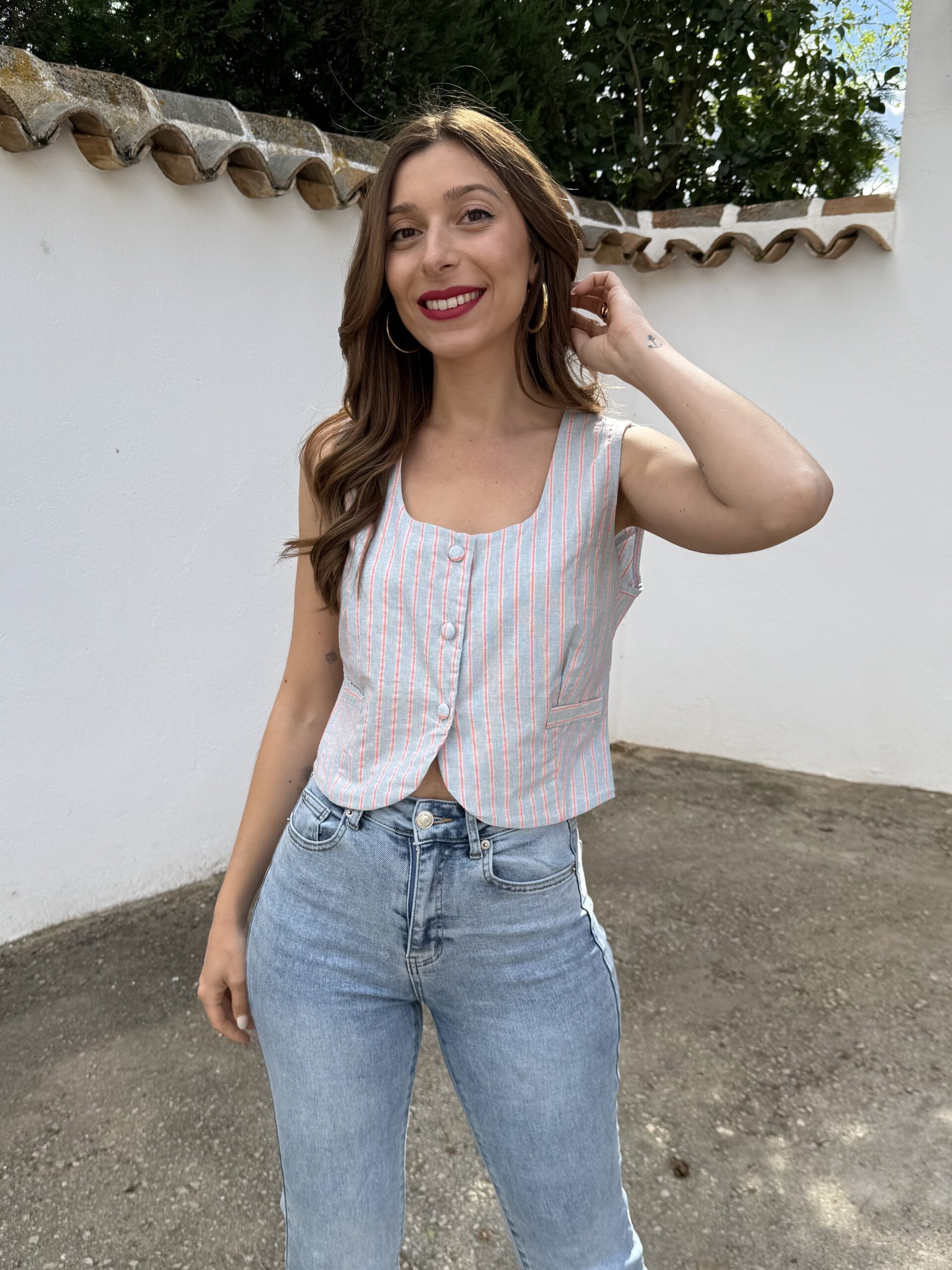 Chaleco Rayas Lino Azul - Imagen 3