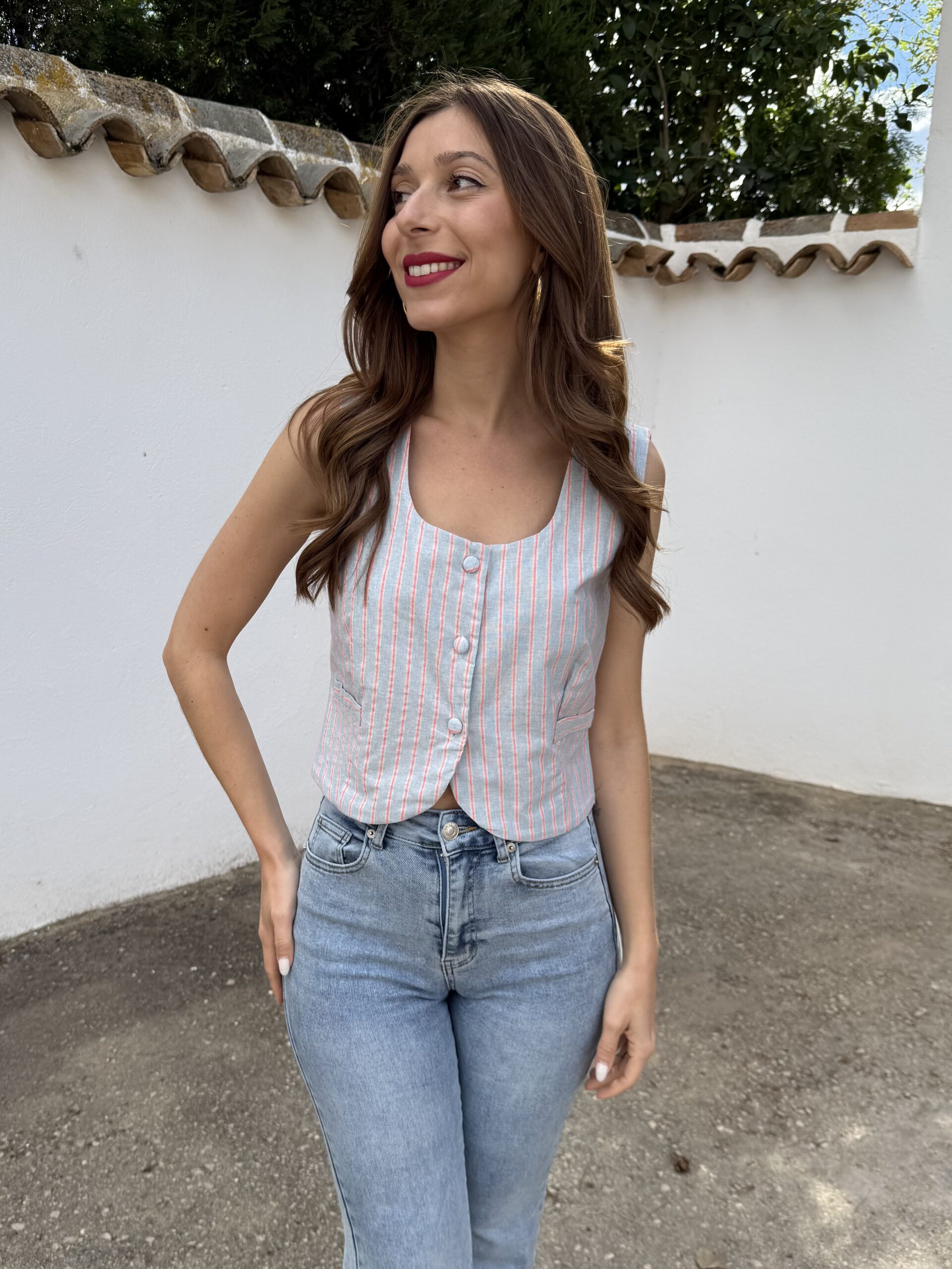 Chaleco Rayas Lino Azul - Imagen 4