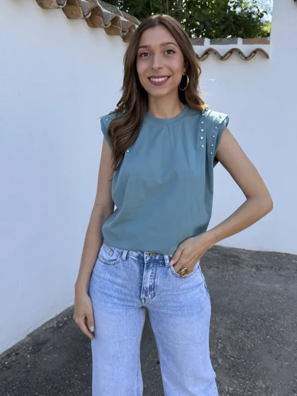 Camiseta Hombreras Tachas Aguamarina