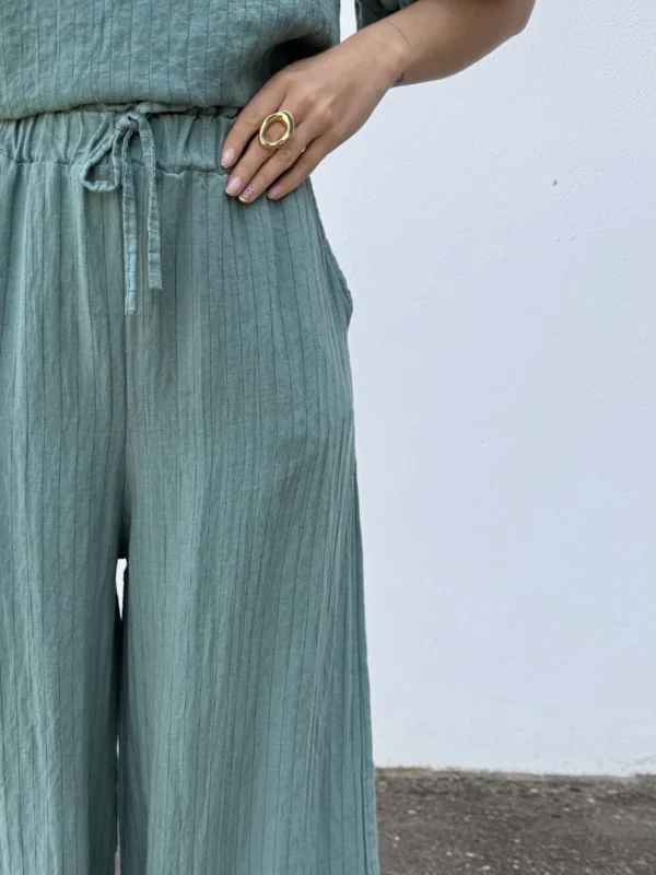 Pantalón Lino Raya Turquesa - Talla única
