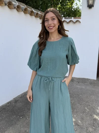 Blusa Lino Rayas Turquesa