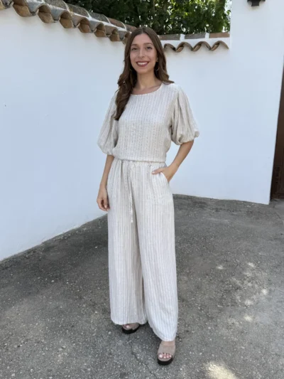 Pantalón Lino Rayas Beige