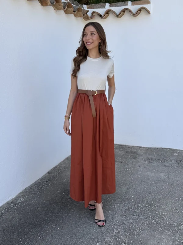 Vestido Combinado Cinturón Teja - Talla única