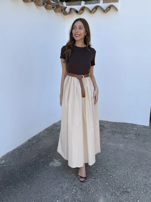 Vestido Combinado Cinturón Beige