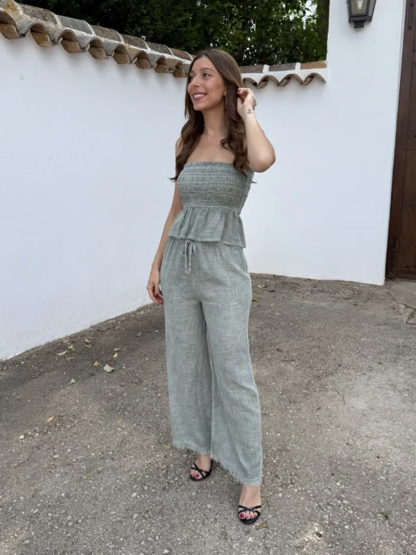 Pantalón Lino Verde Flecos
