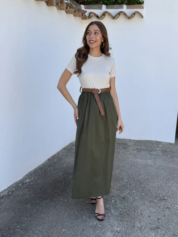 Vestido Combinado Cinturón Verde