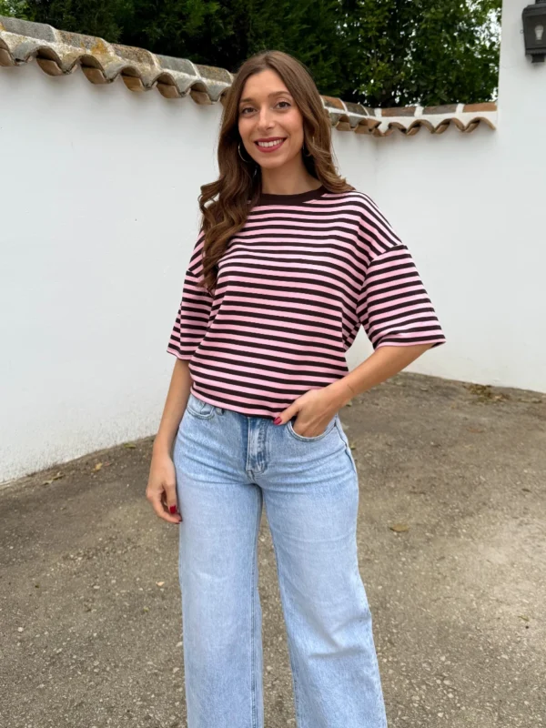 Camiseta Oversize Rayas Rosa/Marrón