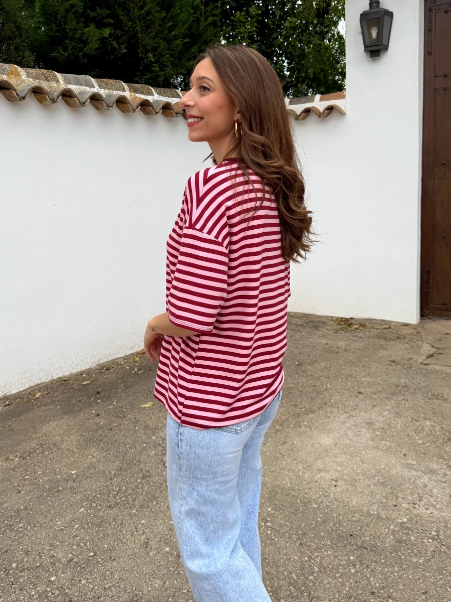Camiseta Oversize Rayas Rosa/Burdeos - Imagen 3