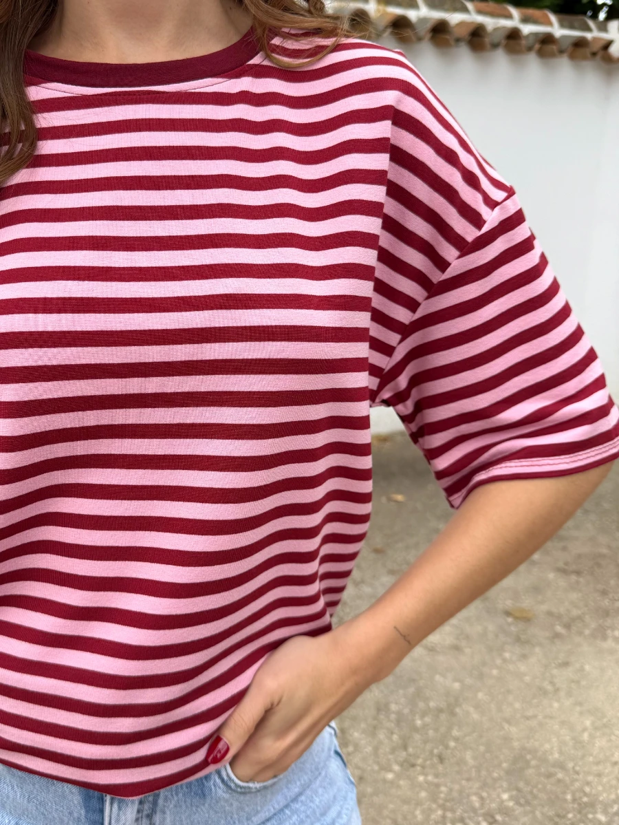 Camiseta Oversize Rayas Rosa/Burdeos - Imagen 2