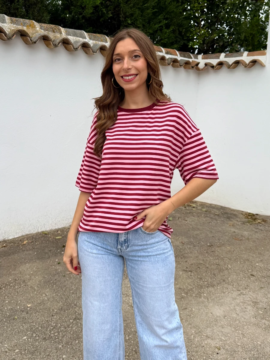 Camiseta Oversize Rayas Rosa/Burdeos