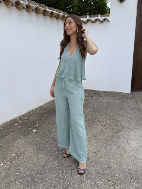 Pantalón Lino Aguamarina Flecos