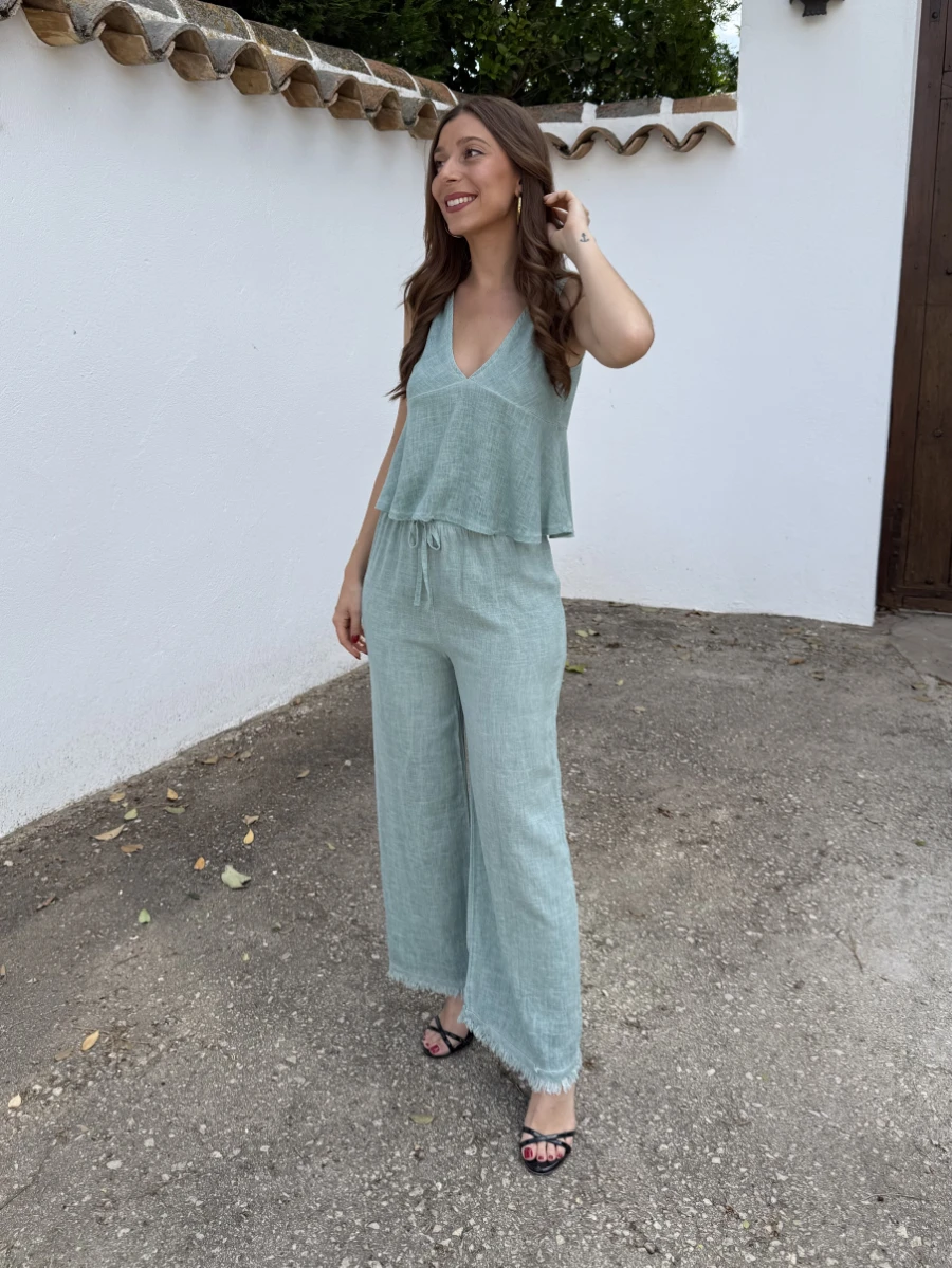 Pantalón Lino Aguamarina Flecos