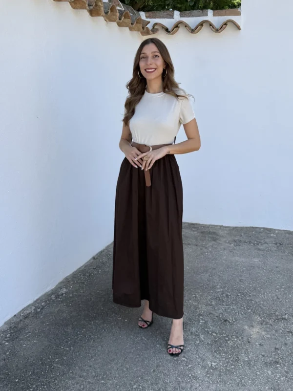 Vestido Combinado Cinturón Chocolate