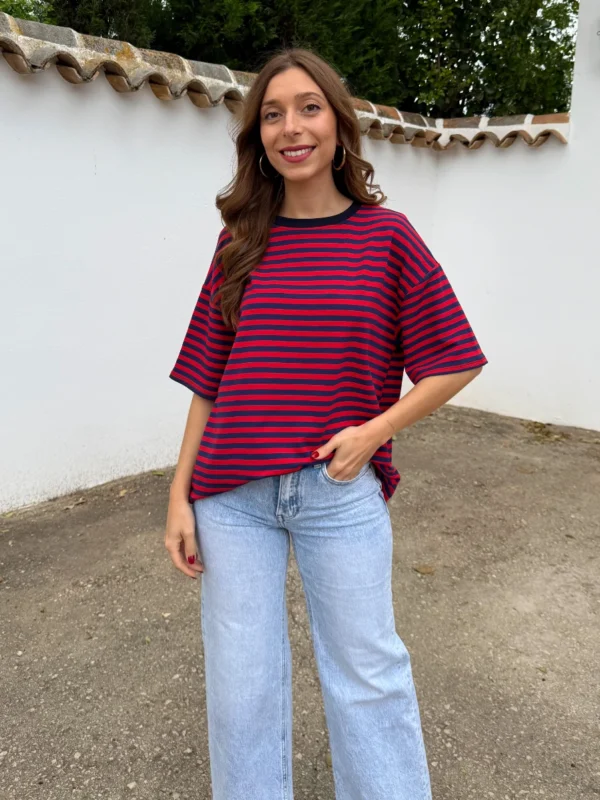 Camiseta Oversize Rayas Rojo/Azul