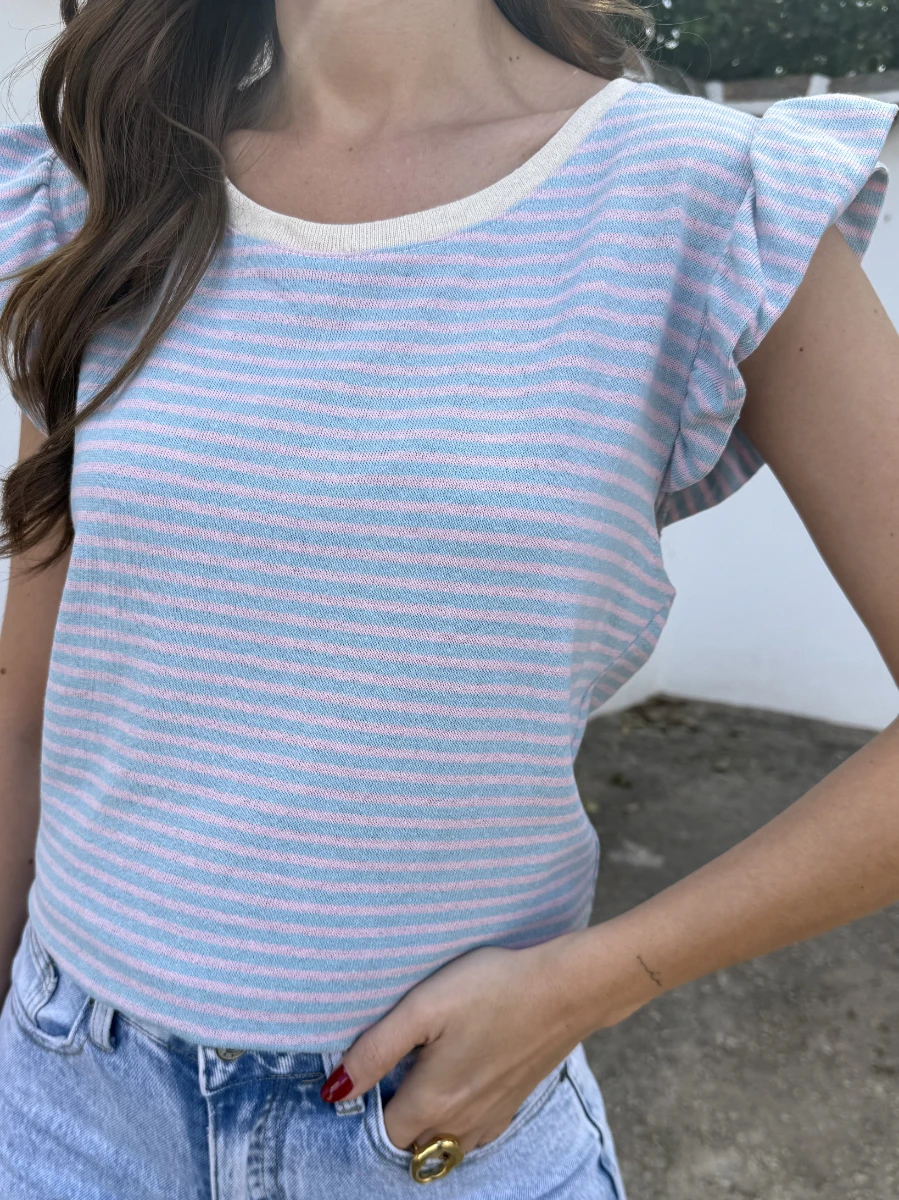 Camiseta Punto Manga Volantito Rosa/Azul - Imagen 2