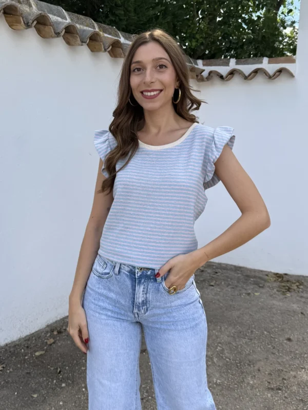 Camiseta Punto Manga Volantito Rosa/Azul - Talla única