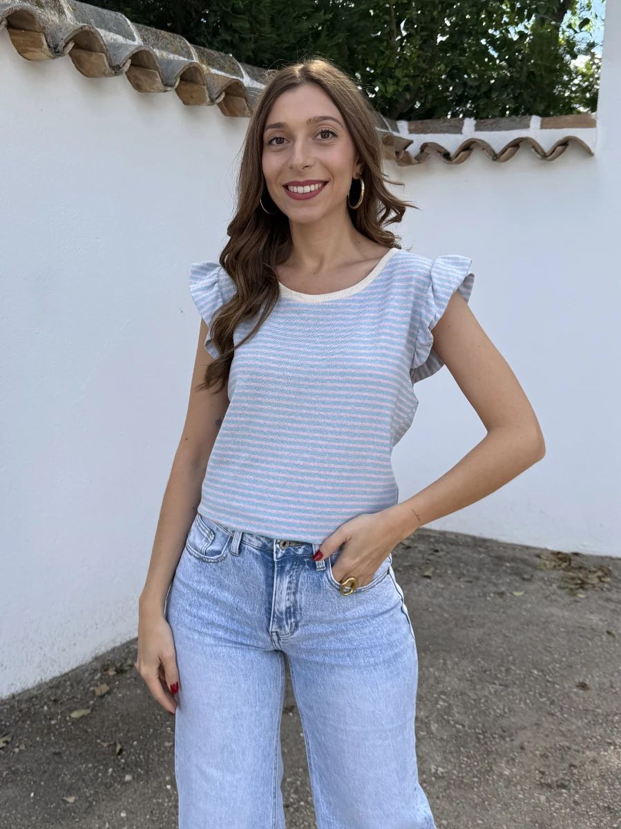 Camiseta Punto Manga Volantito Rosa/Azul