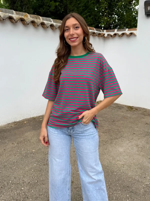 Camiseta Oversize Rayas Rosa/Verde - Talla única