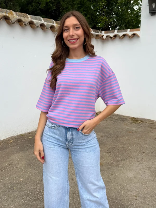Camiseta Oversize Rayas Azul/Rosa