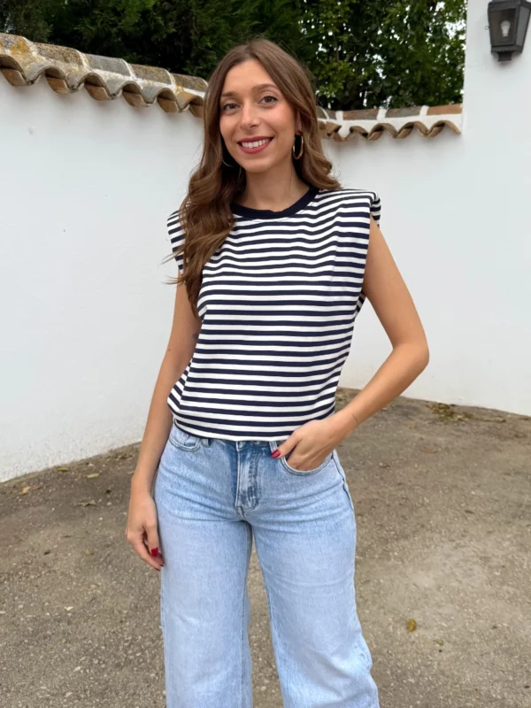 Camiseta Hombreras Azul/Blanco