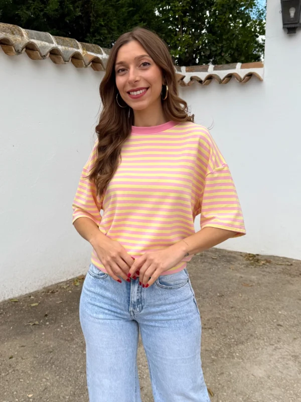 Camiseta Oversize Rayas Rosa/Amarillo - Talla única