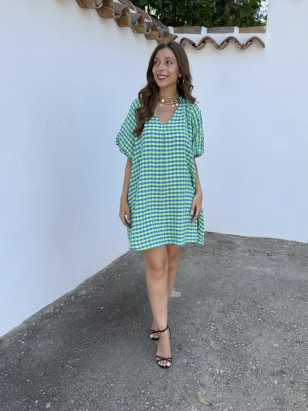 Vestido Mini Vichy Flúor Verde Agua