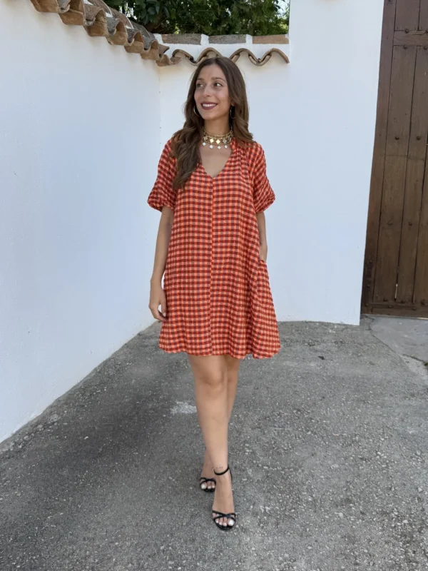 Vestido Mini Vichy Flúor Naranja