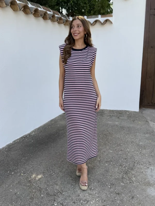Vestido Rayas Hombreras Rosa