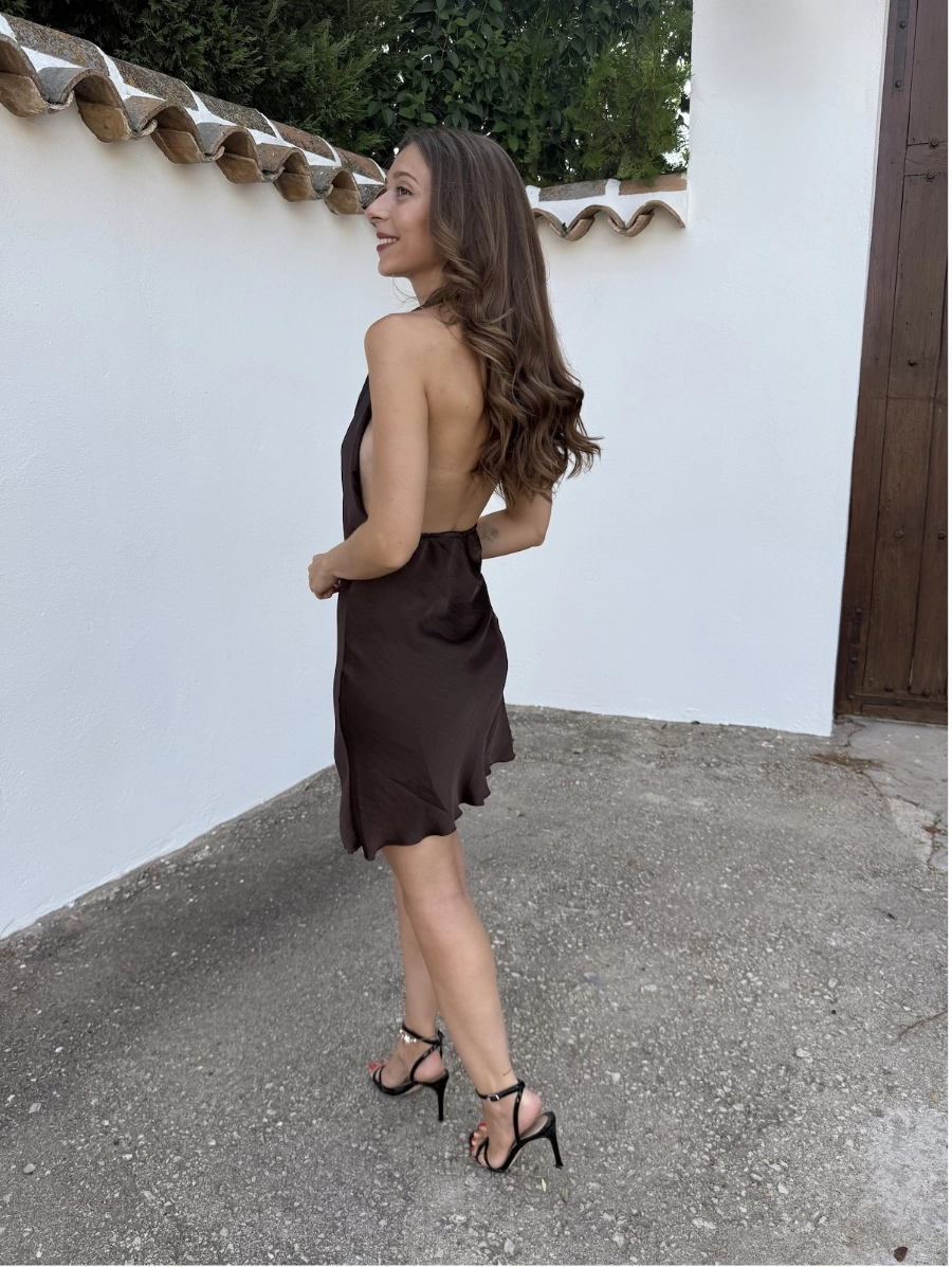 Vestido Satén Mini Marrón - Imagen 3