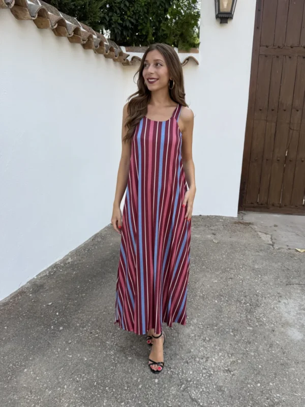 Vestido Licra Fría Rayas Burdeos