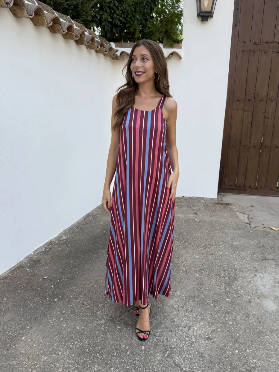 Vestido Licra Fría Rayas Burdeos