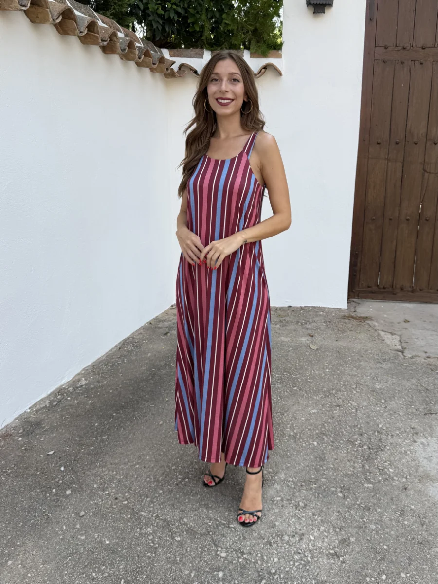 Vestido Licra Fría Rayas Burdeos - Imagen 2