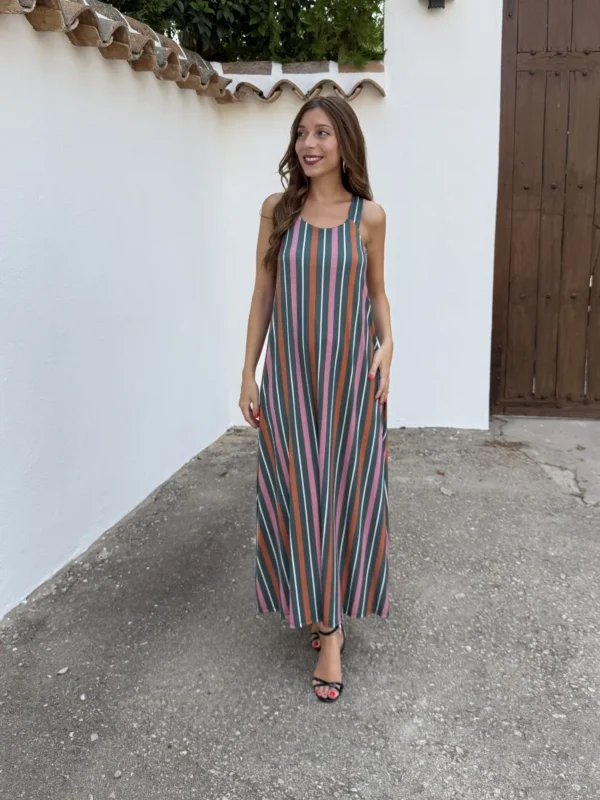 Vestido Licra Fría Rayas Verde